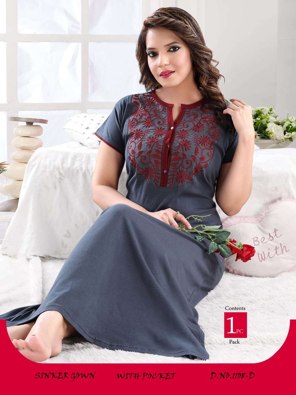 NEW GOWN NIGHTY VOL-2 BY KAAMIRI 1108-A TO 1108-F SERIES DESIGNER BEAUTIFUL STYLISH FANCY COLORFUL PARTY WEAR & ETHNIC WEAR & READY TO WEAR SINKER HOSIERY NIGHTY AT WHOLESALE PRICE