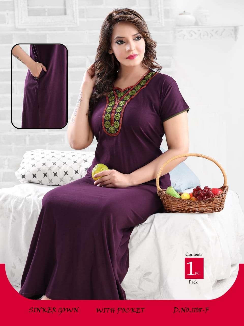 NEW GOWN NIGHTY VOL-2 BY KAAMIRI 1108-A TO 1108-F SERIES DESIGNER BEAUTIFUL STYLISH FANCY COLORFUL PARTY WEAR & ETHNIC WEAR & READY TO WEAR SINKER HOSIERY NIGHTY AT WHOLESALE PRICE