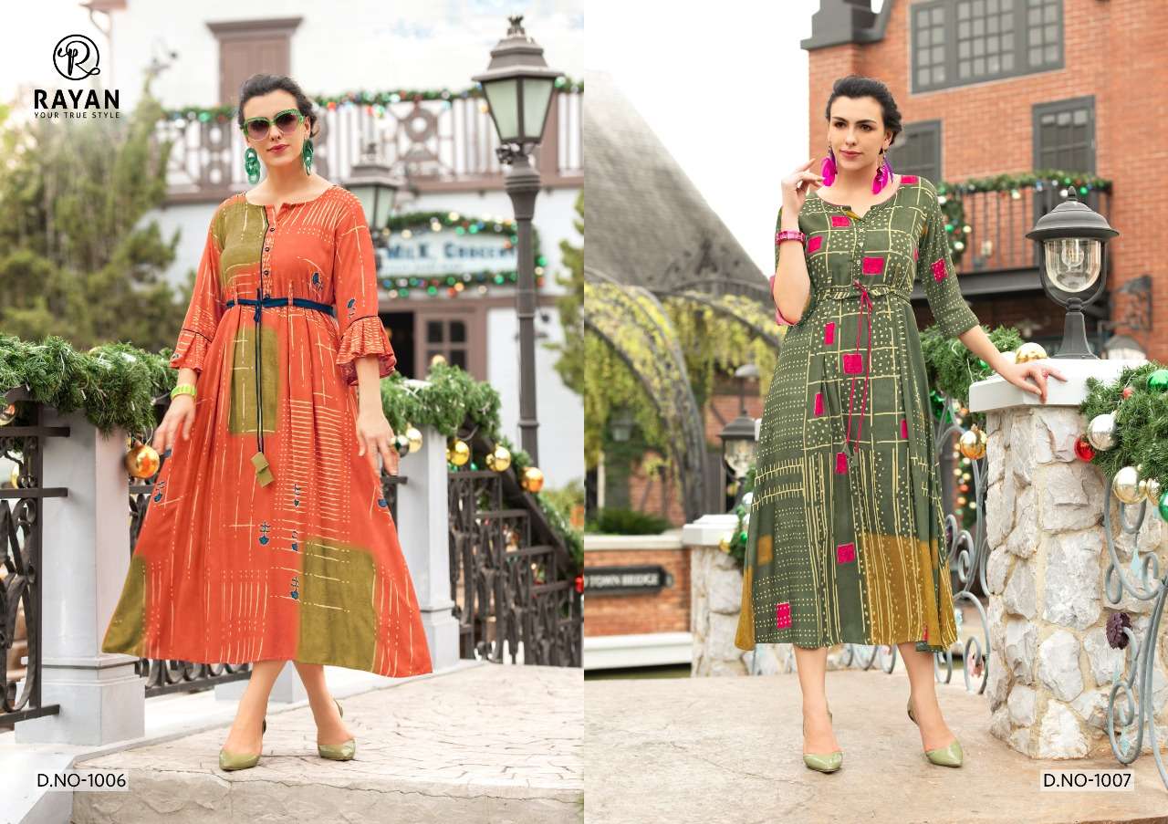 GLORY BY RAYAN 1001 TO 1008 SERIES BEAUTIFUL STYLISH COLORFUL FANCY PARTY WEAR & ETHNIC WEAR & READY TO WEAR RAYON PRINTED KURTIS AT WHOLESALE PRICE