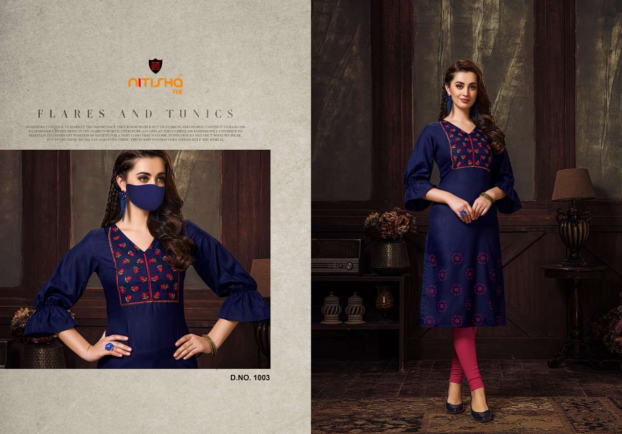 CHINGARI BY NITISHA NX 1001 TO 1006 SERIES BEAUTIFUL STYLISH COLORFUL FANCY PARTY WEAR & ETHNIC WEAR & READY TO WEAR HEAVY SOFT COTTON SLUB EMBROIDERED KURTIS AT WHOLESALE PRICE