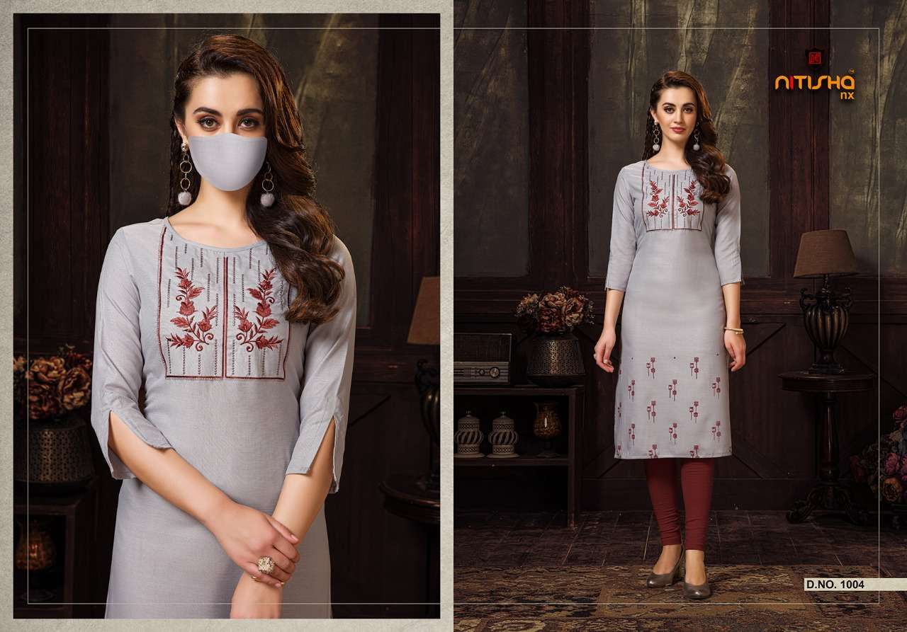 CHINGARI BY NITISHA NX 1001 TO 1006 SERIES BEAUTIFUL STYLISH COLORFUL FANCY PARTY WEAR & ETHNIC WEAR & READY TO WEAR HEAVY SOFT COTTON SLUB EMBROIDERED KURTIS AT WHOLESALE PRICE