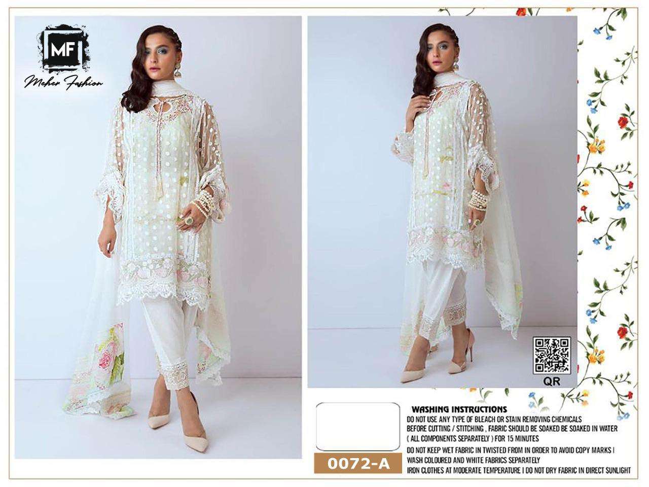 MEHER 0072 COLOURS BY MEHER FASHION 0072-A TO 0072-E SERIES PAKISTANI SUITS BEAUTIFUL FANCY COLORFUL STYLISH PARTY WEAR & OCCASIONAL WEAR NET WITH EMBROIDERY DRESSES AT WHOLESALE PRICE