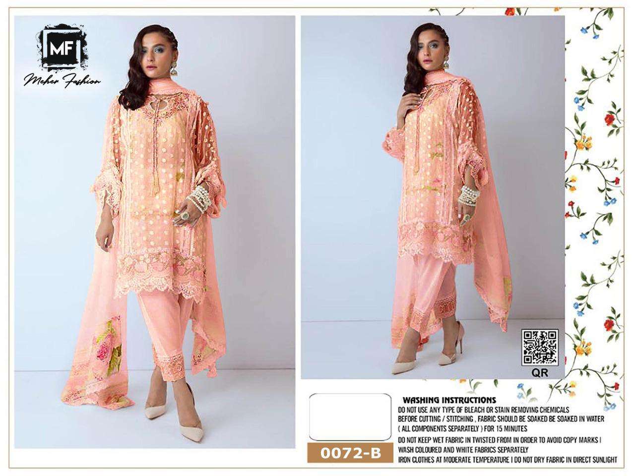 MEHER 0072 COLOURS BY MEHER FASHION 0072-A TO 0072-E SERIES PAKISTANI SUITS BEAUTIFUL FANCY COLORFUL STYLISH PARTY WEAR & OCCASIONAL WEAR NET WITH EMBROIDERY DRESSES AT WHOLESALE PRICE