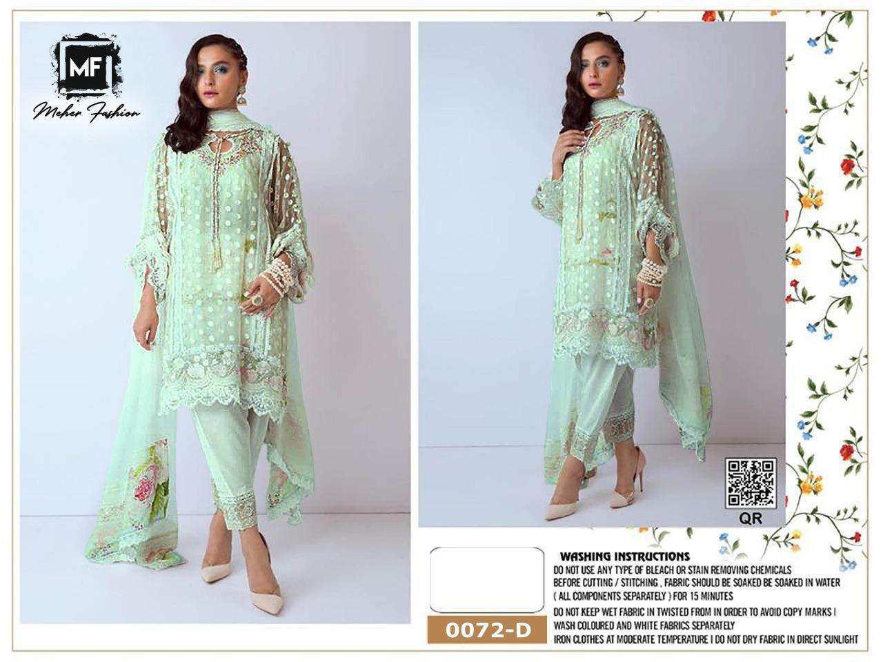 MEHER 0072 COLOURS BY MEHER FASHION 0072-A TO 0072-E SERIES PAKISTANI SUITS BEAUTIFUL FANCY COLORFUL STYLISH PARTY WEAR & OCCASIONAL WEAR NET WITH EMBROIDERY DRESSES AT WHOLESALE PRICE