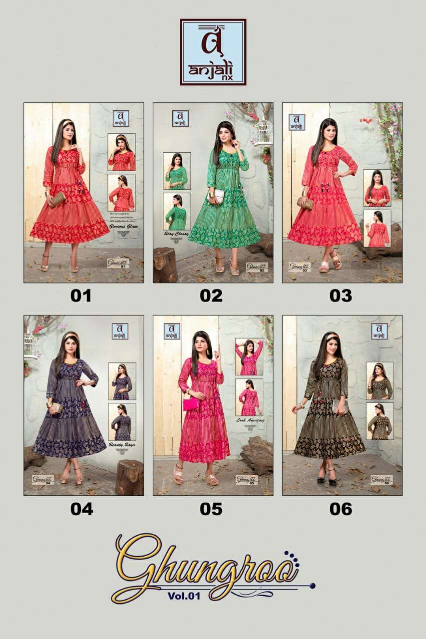 GHUNGROO BY ANJALI NX 01 TO 06 SERIES BEAUTIFUL STYLISH FANCY COLORFUL CASUAL WEAR & ETHNIC WEAR & READY TO WEAR 14 KG RAYON PRINTED KURTIS AT WHOLESALE PRICE