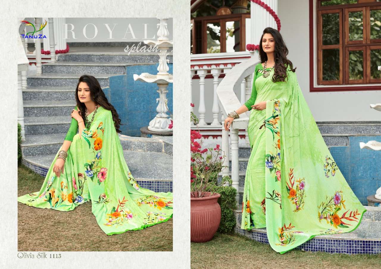 OLIVIA SILK BY TANUZA FASHION 1110 TO 1120 SERIES INDIAN TRADITIONAL WEAR COLLECTION BEAUTIFUL STYLISH FANCY COLORFUL PARTY WEAR & OCCASIONAL WEAR SILK CREPE DIGITAL PRINT SAREES AT WHOLESALE PRICE
