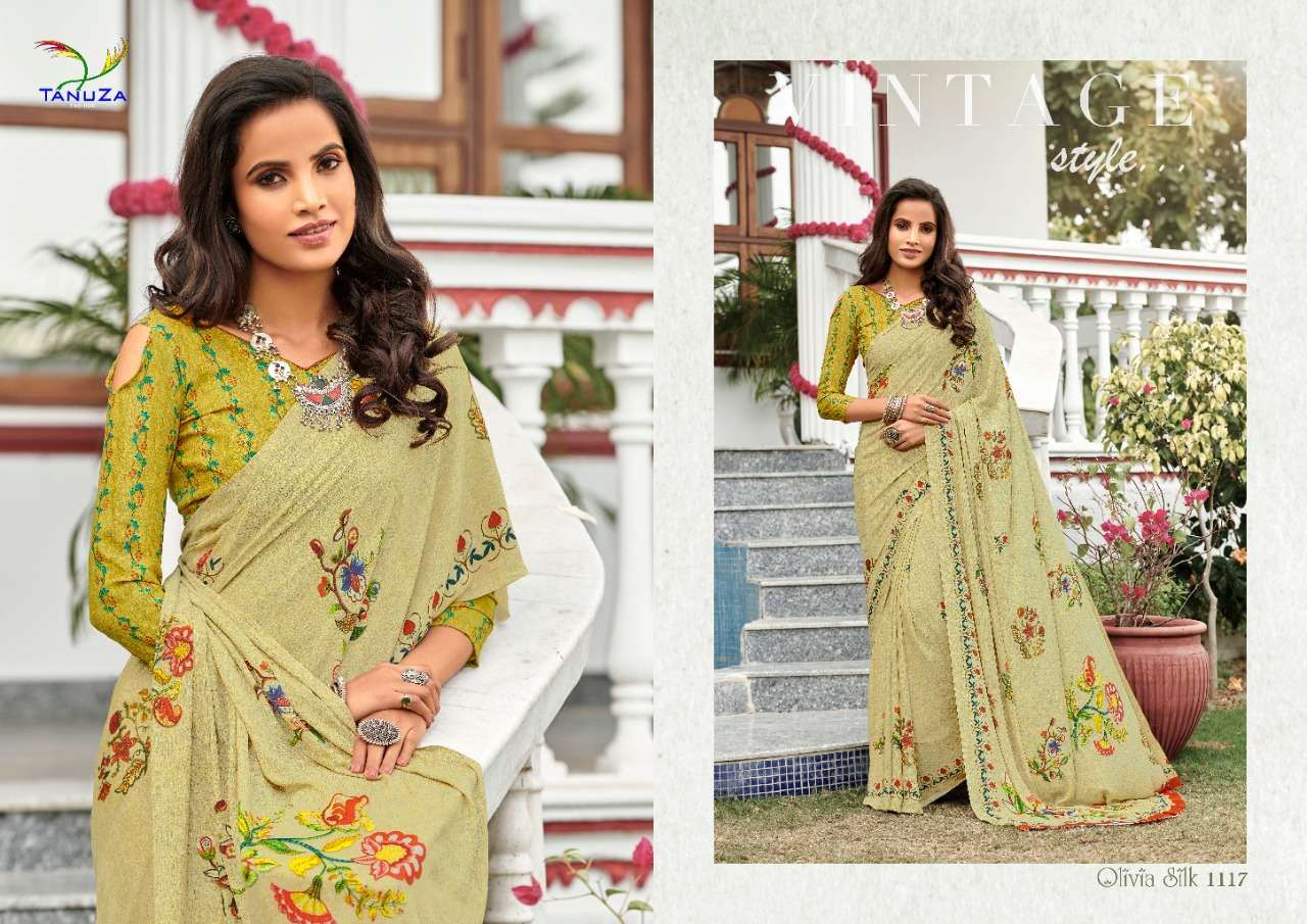 OLIVIA SILK BY TANUZA FASHION 1110 TO 1120 SERIES INDIAN TRADITIONAL WEAR COLLECTION BEAUTIFUL STYLISH FANCY COLORFUL PARTY WEAR & OCCASIONAL WEAR SILK CREPE DIGITAL PRINT SAREES AT WHOLESALE PRICE