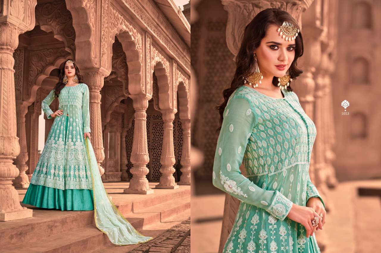 LUCKNOWI BY VIRASAT 1053 TO 1056 SERIES DESIGNER ANARKALI SUITS COLLECTION BEAUTIFUL STYLISH FANCY COLORFUL PARTY WEAR & OCCASIONAL WEAR PURE VISCOSE GEORGETTE DRESSES AT WHOLESALE PRICE