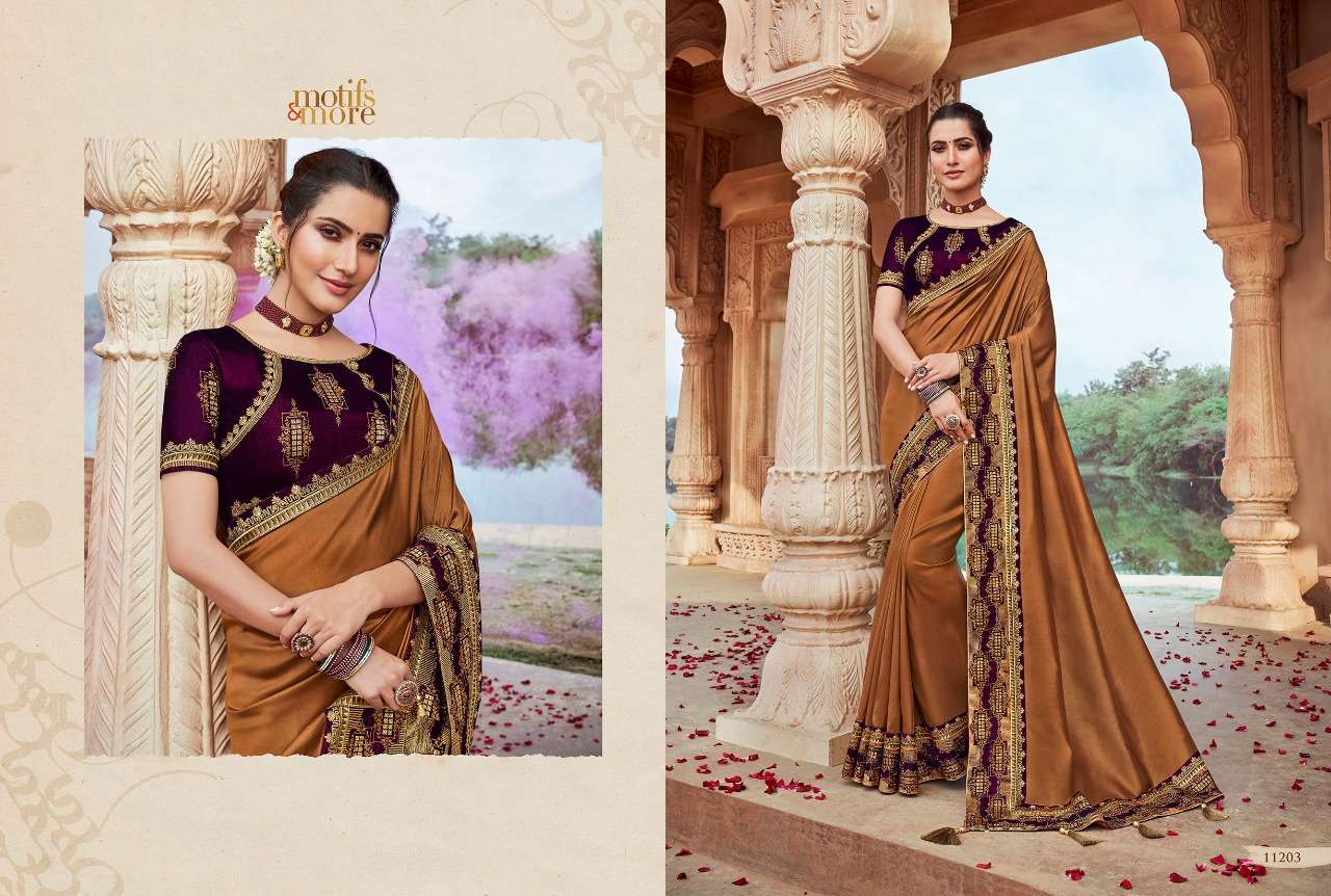 M AND M VOL-11 BY MOTIFS AND MORE 11201 TO 11216 SERIES INDIAN TRADITIONAL WEAR COLLECTION BEAUTIFUL STYLISH FANCY COLORFUL PARTY WEAR & OCCASIONAL WEAR FANCY EMBROIDERED SAREES AT WHOLESALE PRICE