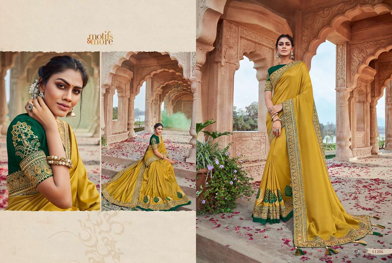 M AND M VOL-11 BY MOTIFS AND MORE 11201 TO 11216 SERIES INDIAN TRADITIONAL WEAR COLLECTION BEAUTIFUL STYLISH FANCY COLORFUL PARTY WEAR & OCCASIONAL WEAR FANCY EMBROIDERED SAREES AT WHOLESALE PRICE