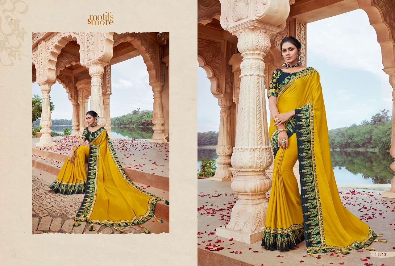 M AND M VOL-11 BY MOTIFS AND MORE 11201 TO 11216 SERIES INDIAN TRADITIONAL WEAR COLLECTION BEAUTIFUL STYLISH FANCY COLORFUL PARTY WEAR & OCCASIONAL WEAR FANCY EMBROIDERED SAREES AT WHOLESALE PRICE