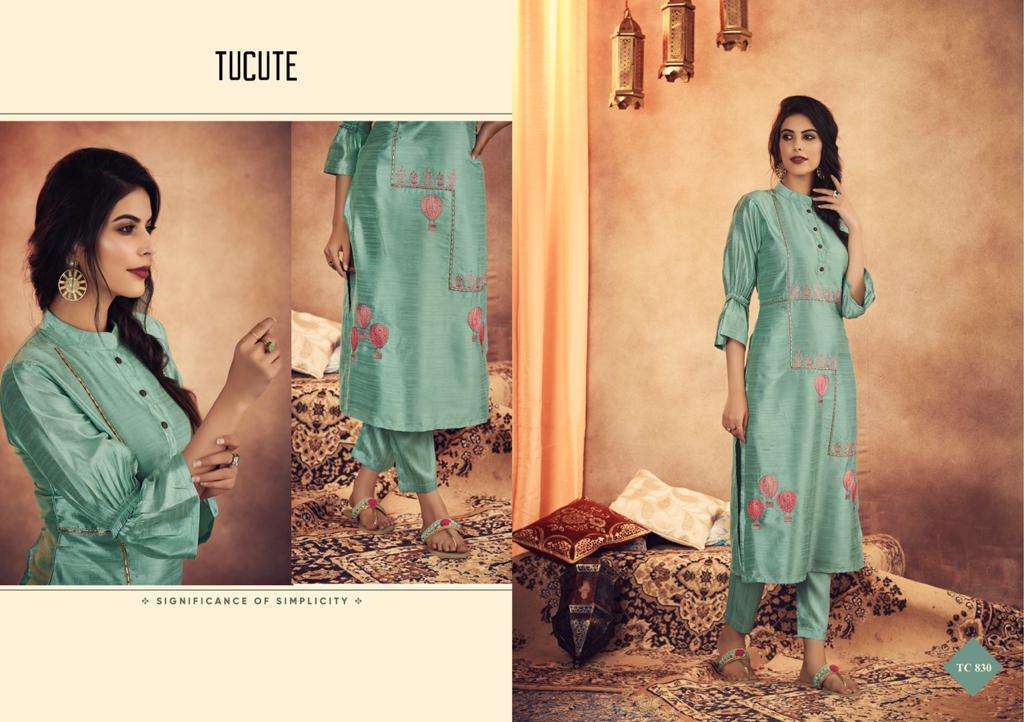 TU CUTE 828 SERIES BY KARMA TRENDZ 828 TO 835 SERIES BEAUTIFUL STYLISH FANCY COLORFUL CASUAL WEAR & ETHNIC WEAR & READY TO WEAR MUGA SILK WITH EMBROIDERY KURTIS AT WHOLESALE PRICE