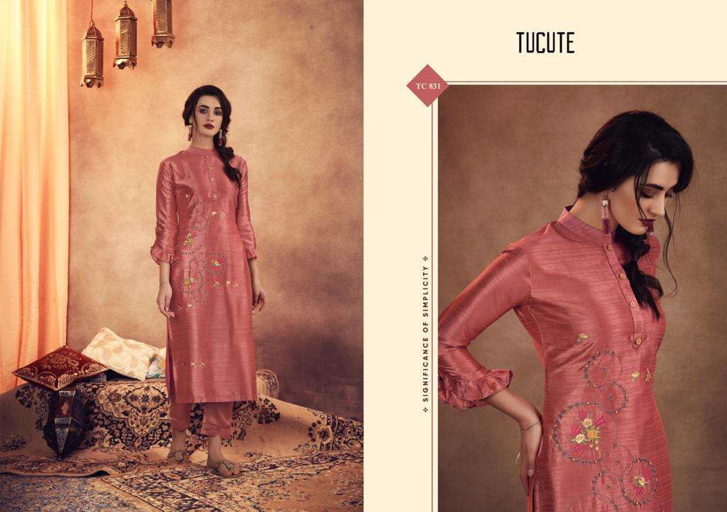 TU CUTE 828 SERIES BY KARMA TRENDZ 828 TO 835 SERIES BEAUTIFUL STYLISH FANCY COLORFUL CASUAL WEAR & ETHNIC WEAR & READY TO WEAR MUGA SILK WITH EMBROIDERY KURTIS AT WHOLESALE PRICE