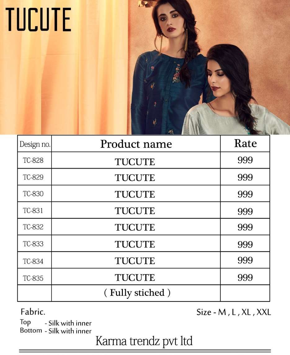 TU CUTE 828 SERIES BY KARMA TRENDZ 828 TO 835 SERIES BEAUTIFUL STYLISH FANCY COLORFUL CASUAL WEAR & ETHNIC WEAR & READY TO WEAR MUGA SILK WITH EMBROIDERY KURTIS AT WHOLESALE PRICE