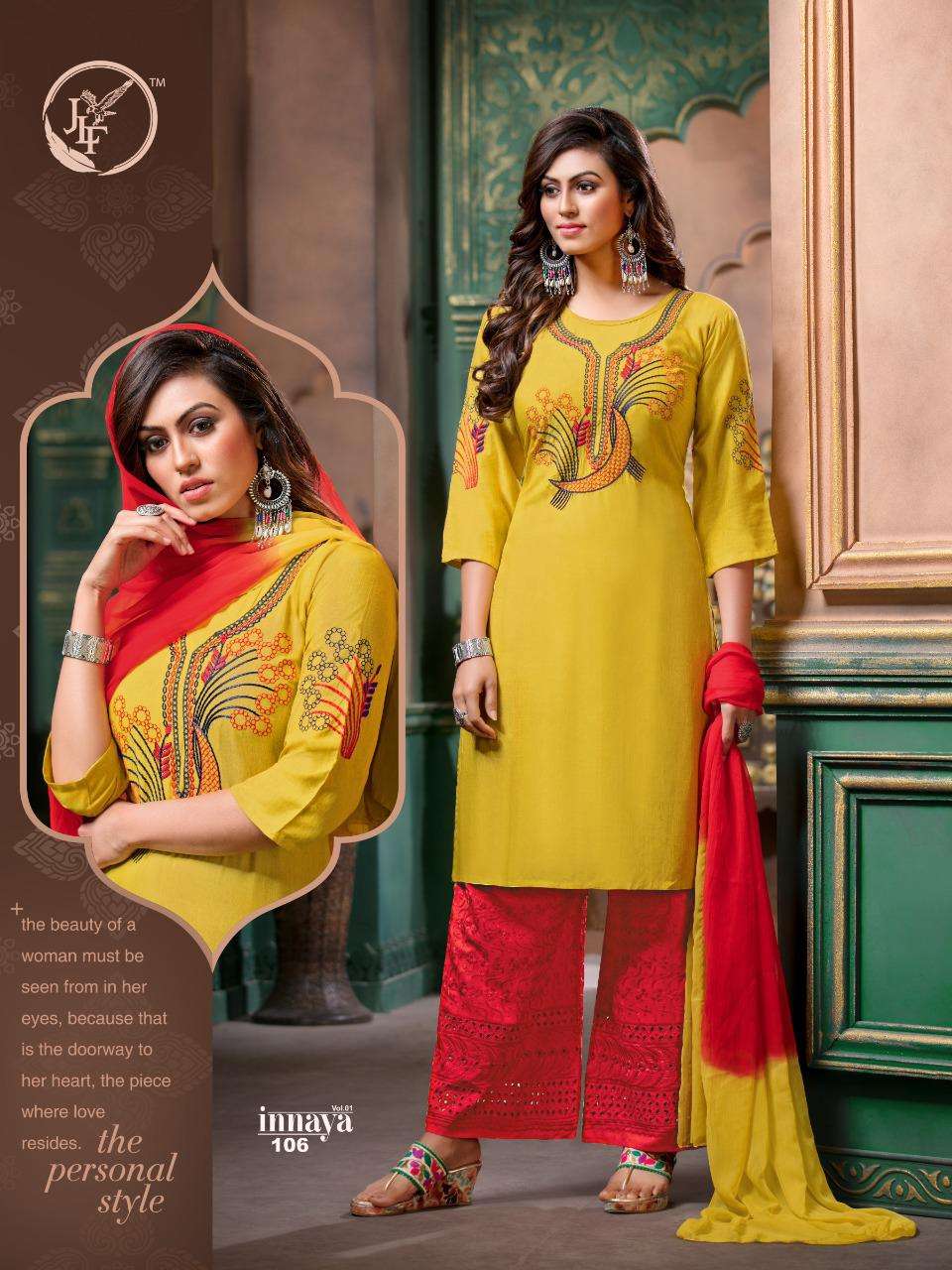 INNAYA BY JLF 101 TO 110 SERIES BEAUTIFUL SUITS STYLISH FANCY COLORFUL PARTY WEAR & OCCASIONAL WEAR MILENG WORK DRESSES AT WHOLESALE PRICE