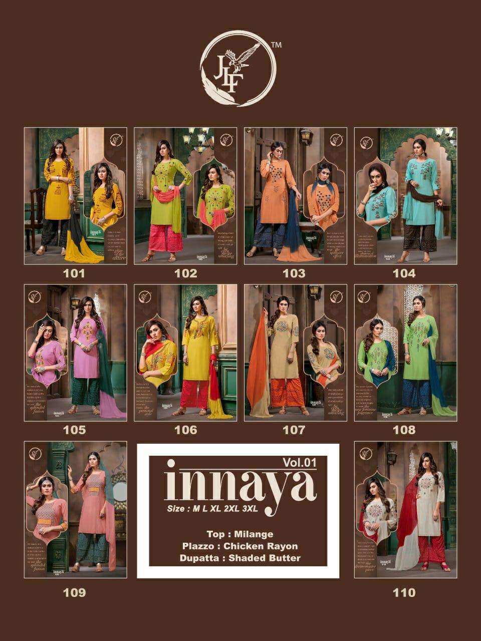 INNAYA BY JLF 101 TO 110 SERIES BEAUTIFUL SUITS STYLISH FANCY COLORFUL PARTY WEAR & OCCASIONAL WEAR MILENG WORK DRESSES AT WHOLESALE PRICE