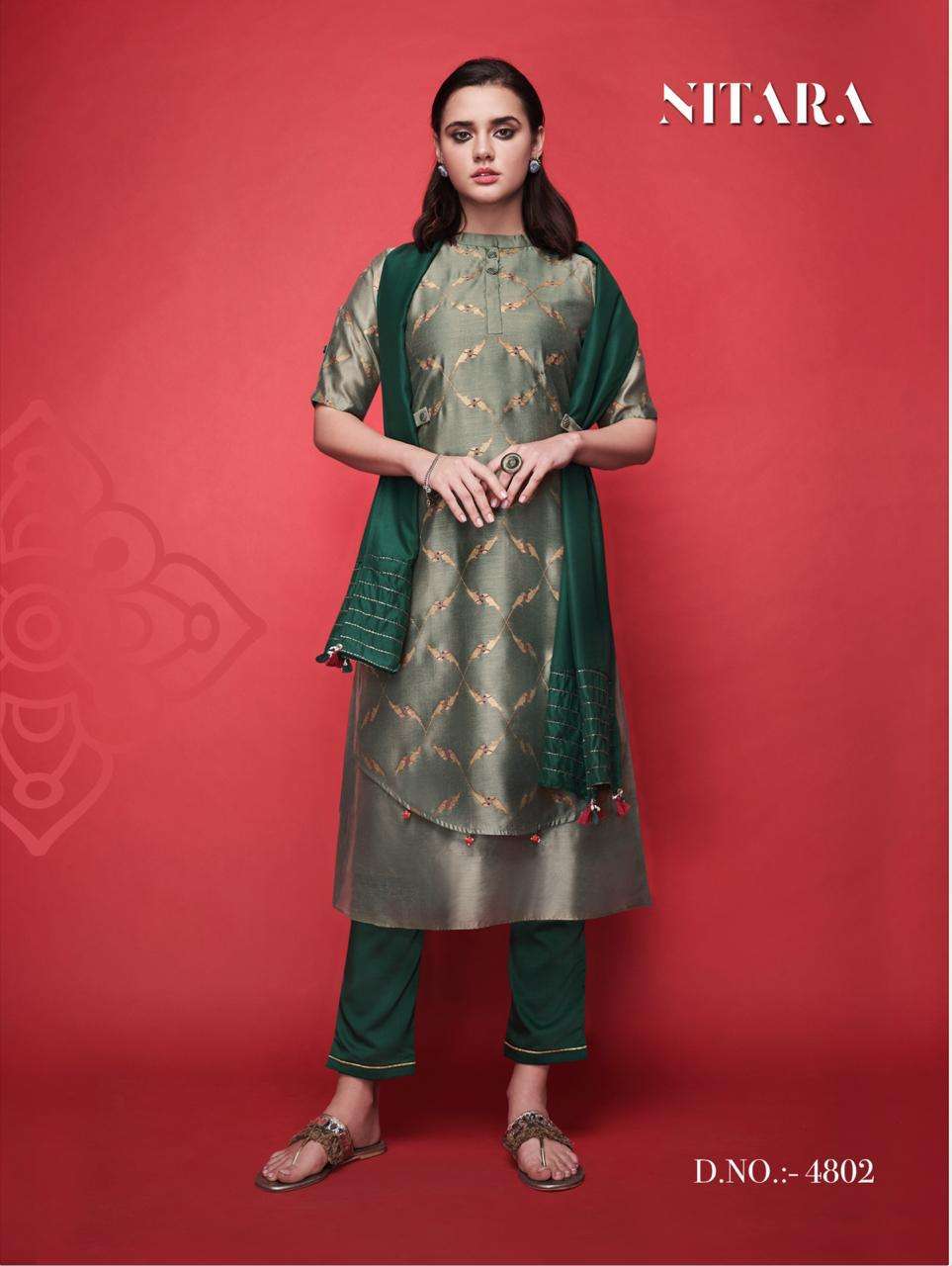 SCARLET 4801 SERIES BY NITARA 4801 TO 4805 SERIES BEAUTIFUL SUITS STYLISH FANCY COLORFUL PARTY WEAR & OCCASIONAL WEAR SILK WITH PURE COTTON MAL INNER DRESSES AT WHOLESALE PRICE