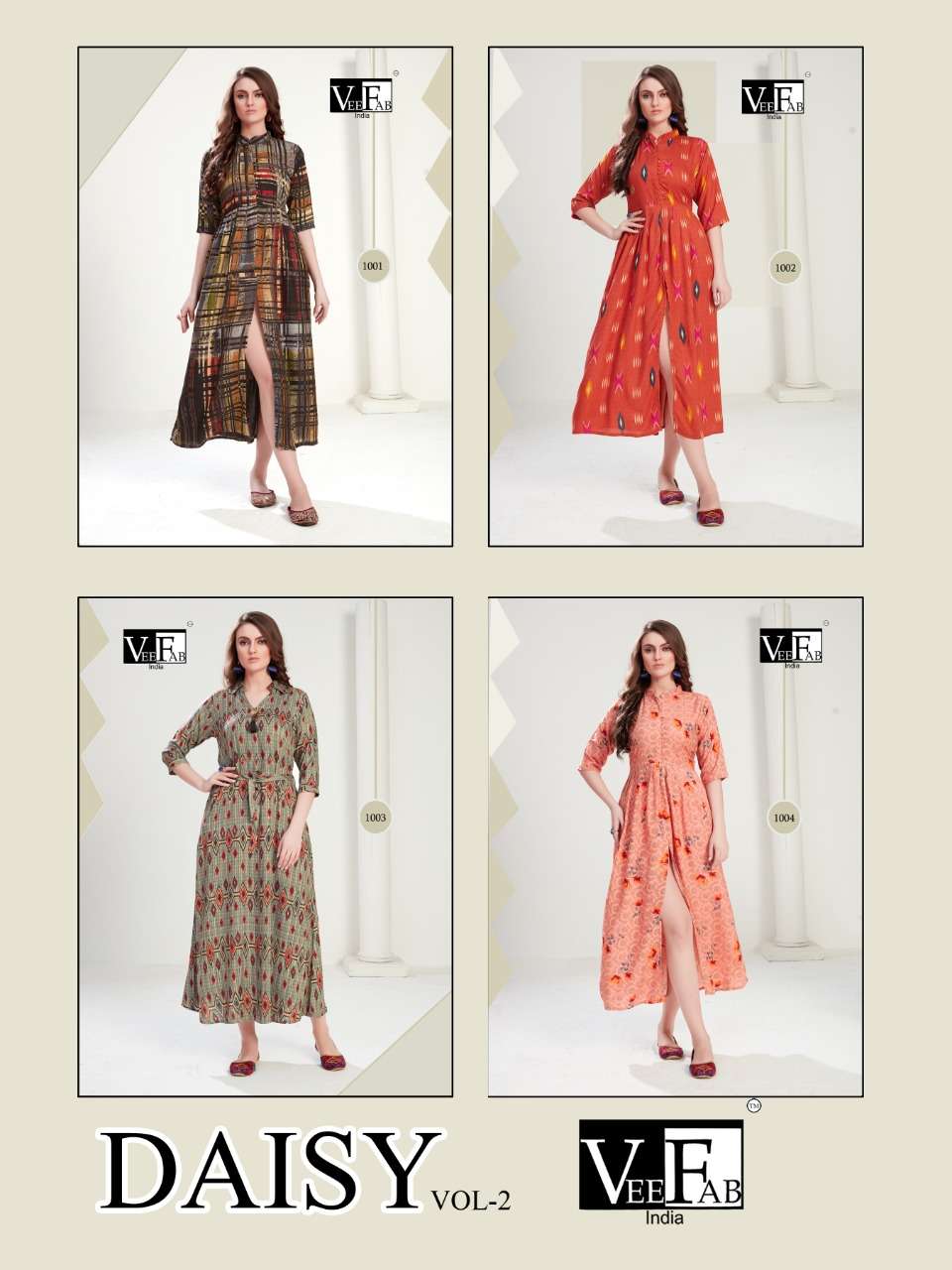 DAISY  VOL-2 BY VEE FAB 1001 TO 1004 SERIES BEAUTIFUL COLORFUL STYLISH FANCY CASUAL WEAR & ETHNIC WEAR & READY TO WEAR RAON 14 KG KURTIS AT WHOLESALE PRICE