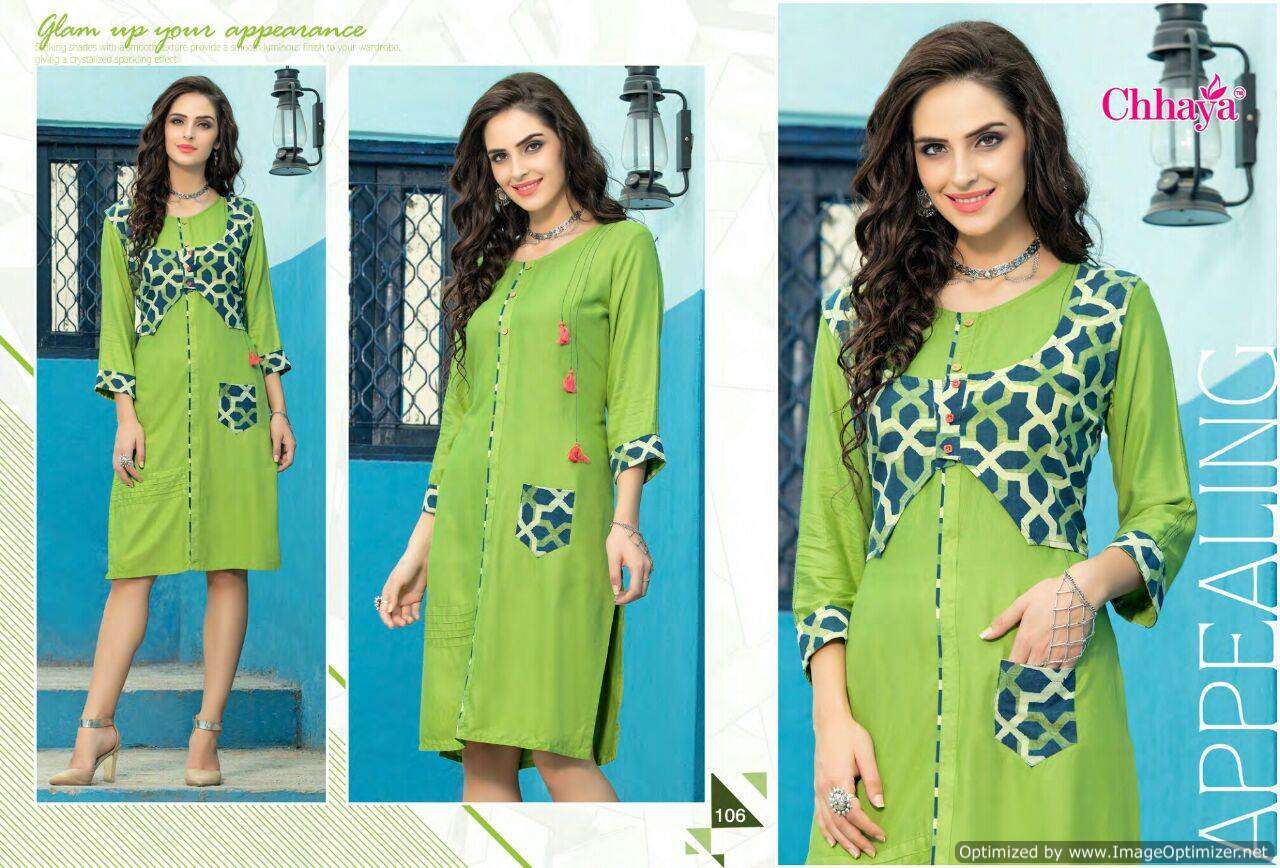 BREZZA BY CHHAYA 101 TO 112 SERIES BEAUTIFUL COLORFUL STYLISH FANCY CASUAL WEAR & ETHNIC WEAR & READY TO WEAR RAYON PRINTED WITH KOTI KURTIS AT WHOLESALE PRICE
