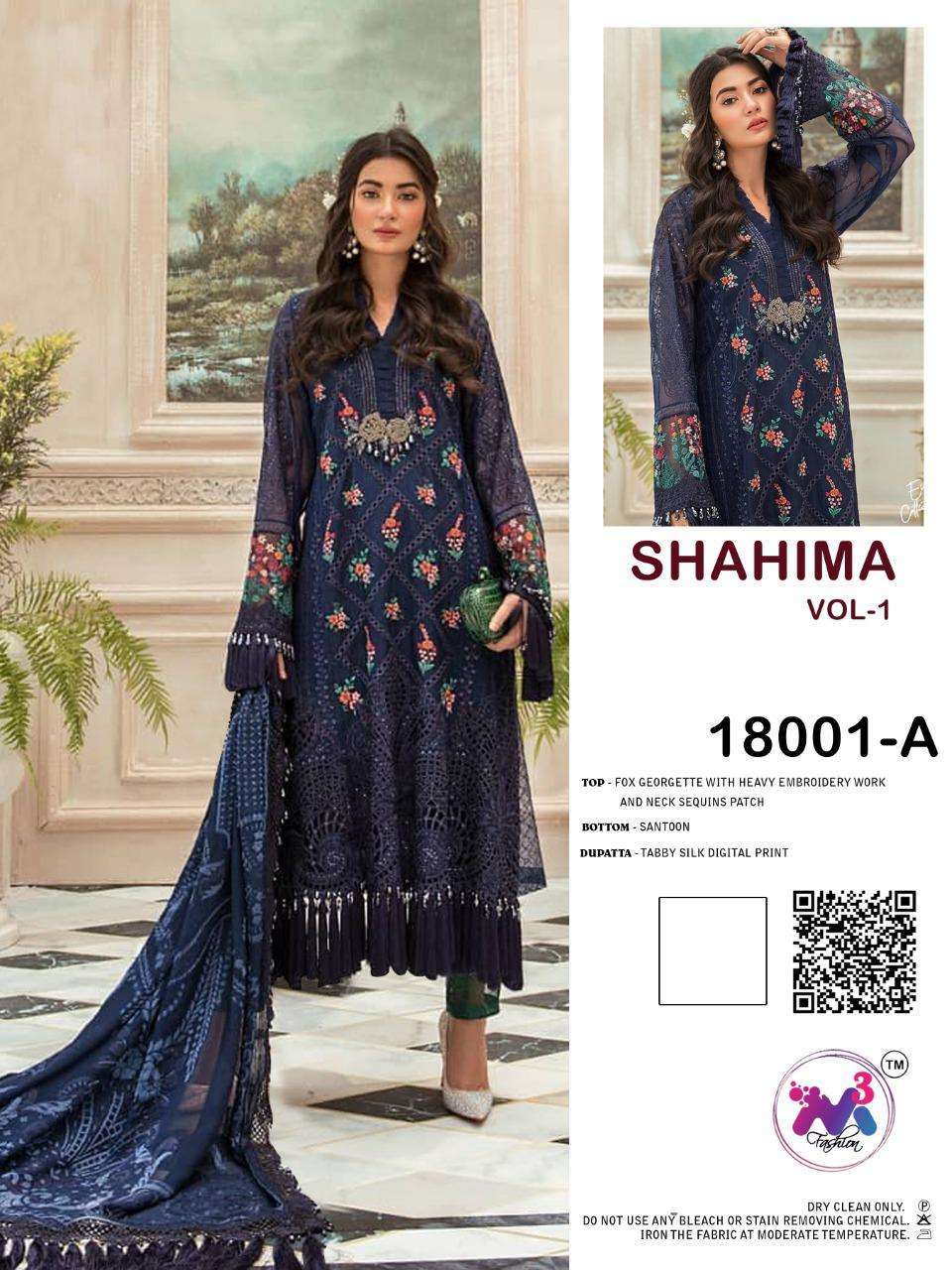 SHAHIMA VOL-1 BY M3 FASHION 18001-A TO 18001-E SERIES BEAUTIFUL COLORFUL STYLISH FANCY CASUAL WEAR & ETHNIC WEAR & READY TO WEAR FAUX GEORGETTE WITH EMBROIDERY DRESSES AT WHOLESALE PRICE