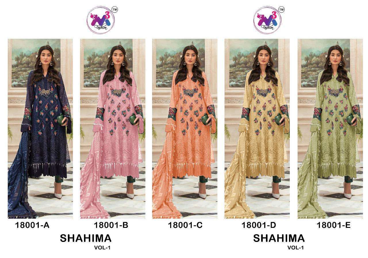 SHAHIMA VOL-1 BY M3 FASHION 18001-A TO 18001-E SERIES BEAUTIFUL COLORFUL STYLISH FANCY CASUAL WEAR & ETHNIC WEAR & READY TO WEAR FAUX GEORGETTE WITH EMBROIDERY DRESSES AT WHOLESALE PRICE