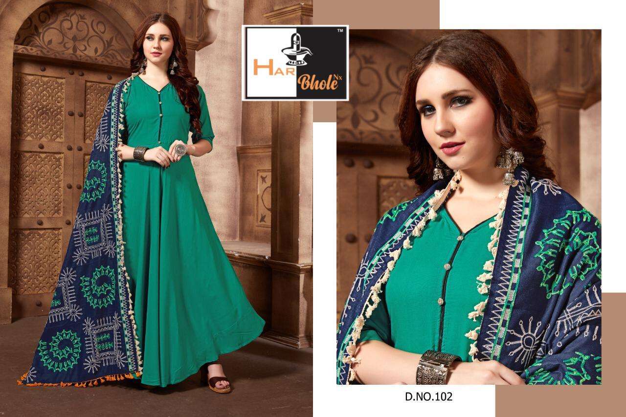 SHALNI VOL-1 BY HAR BHOLE 101 TO 106 SERIES BEAUTIFUL STYLISH COLORFUL FANCY PARTY WEAR & ETHNIC WEAR & READY TO WEAR RAYON WITH WORK GOWNS WITH DUPATTA AT WHOLESALE PRICE