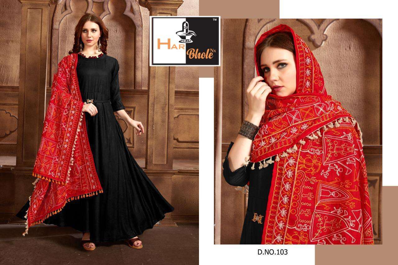 SHALNI VOL-1 BY HAR BHOLE 101 TO 106 SERIES BEAUTIFUL STYLISH COLORFUL FANCY PARTY WEAR & ETHNIC WEAR & READY TO WEAR RAYON WITH WORK GOWNS WITH DUPATTA AT WHOLESALE PRICE