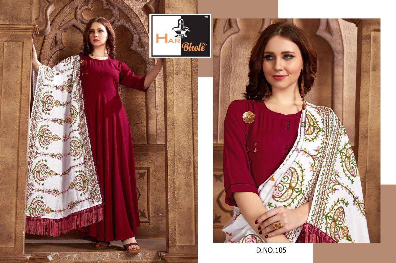SHALNI VOL-1 BY HAR BHOLE 101 TO 106 SERIES BEAUTIFUL STYLISH COLORFUL FANCY PARTY WEAR & ETHNIC WEAR & READY TO WEAR RAYON WITH WORK GOWNS WITH DUPATTA AT WHOLESALE PRICE