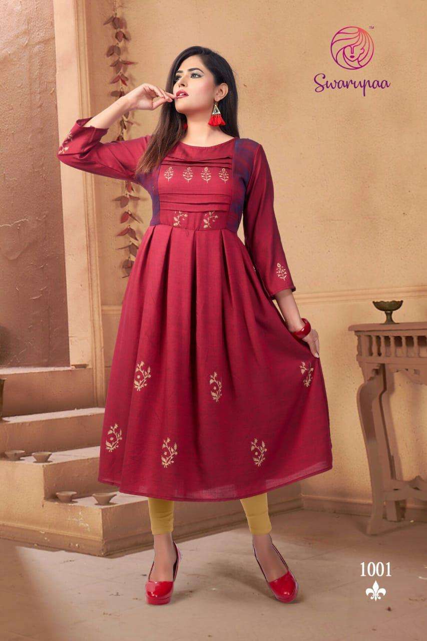 SWARUPAA VOL-7 BY RANISA 1001 TO 1004 SERIES BEAUTIFUL STYLISH COLORFUL FANCY PARTY WEAR & ETHNIC WEAR & READY TO WEAR HEAVY BLACKSTONE RAYON KURTIS AT WHOLESALE PRICE