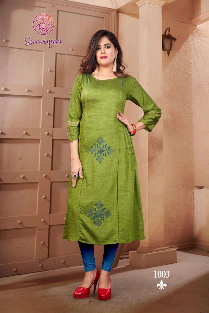 SWARUPAA VOL-7 BY RANISA 1001 TO 1004 SERIES BEAUTIFUL STYLISH COLORFUL FANCY PARTY WEAR & ETHNIC WEAR & READY TO WEAR HEAVY BLACKSTONE RAYON KURTIS AT WHOLESALE PRICE
