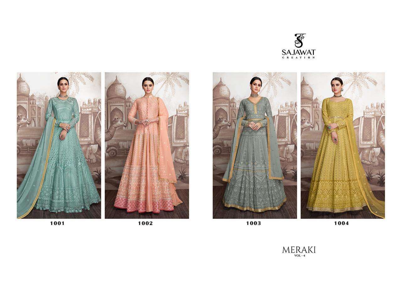 MERAKI VOL-4 BY SAJAWAT CREATION 1001 TO 1004 SERIES DESIGNER ANARKALI SUITS COLLECTION BEAUTIFUL STYLISH FANCY COLORFUL PARTY WEAR & OCCASIONAL WEAR HEAVY FAUX GEORGETTE/BUTTERFLY NET DRESSES AT WHOLESALE PRICE