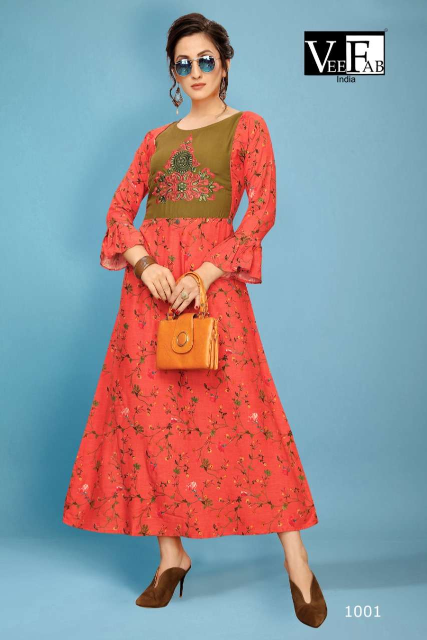 FABULOUS BY VEE FAB 1001 TO 1005 SERIES BEAUTIFUL STYLISH COLORFUL FANCY PARTY WEAR & ETHNIC WEAR & READY TO WEAR PREMIUM RAYON PRINTED KURTIS AT WHOLESALE PRICE