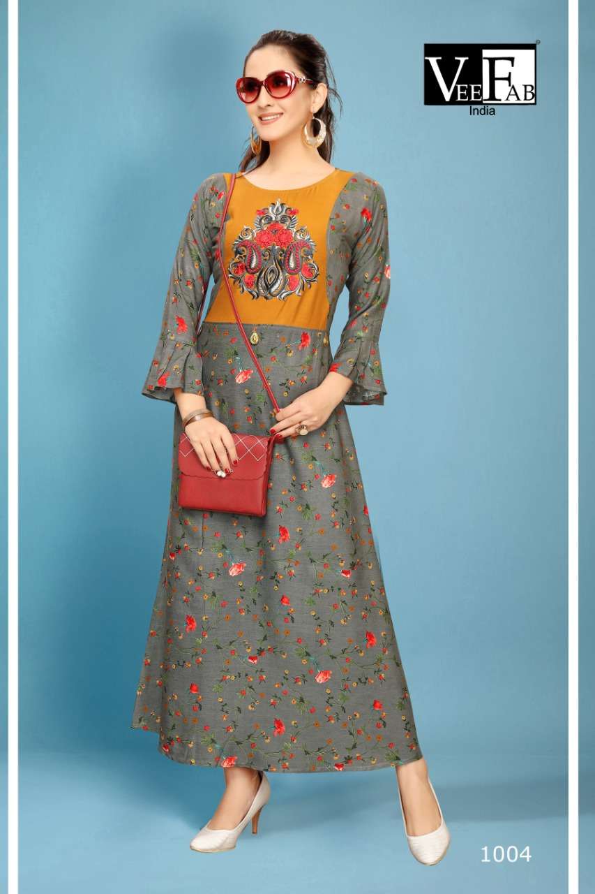 FABULOUS BY VEE FAB 1001 TO 1005 SERIES BEAUTIFUL STYLISH COLORFUL FANCY PARTY WEAR & ETHNIC WEAR & READY TO WEAR PREMIUM RAYON PRINTED KURTIS AT WHOLESALE PRICE