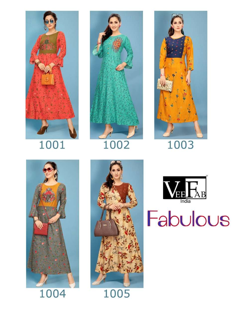 FABULOUS BY VEE FAB 1001 TO 1005 SERIES BEAUTIFUL STYLISH COLORFUL FANCY PARTY WEAR & ETHNIC WEAR & READY TO WEAR PREMIUM RAYON PRINTED KURTIS AT WHOLESALE PRICE