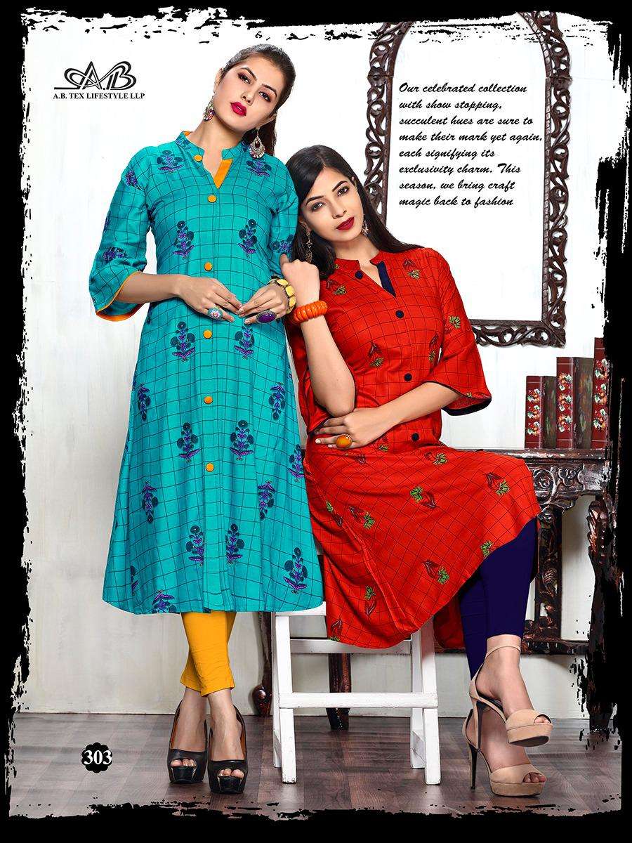 PARTHVI BY A.B FASHION 301 TO 308 SERIES BEAUTIFUL STYLISH COLORFUL FANCY PARTY WEAR & ETHNIC WEAR & READY TO WEAR HEAVY RAYON PRINTED KURTIS AT WHOLESALE PRICE