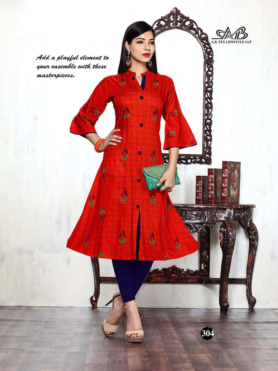 PARTHVI BY A.B FASHION 301 TO 308 SERIES BEAUTIFUL STYLISH COLORFUL FANCY PARTY WEAR & ETHNIC WEAR & READY TO WEAR HEAVY RAYON PRINTED KURTIS AT WHOLESALE PRICE