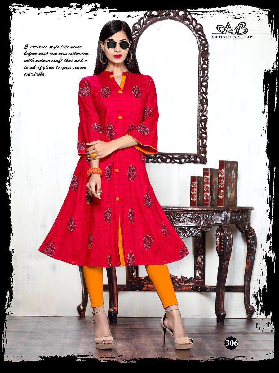 PARTHVI BY A.B FASHION 301 TO 308 SERIES BEAUTIFUL STYLISH COLORFUL FANCY PARTY WEAR & ETHNIC WEAR & READY TO WEAR HEAVY RAYON PRINTED KURTIS AT WHOLESALE PRICE