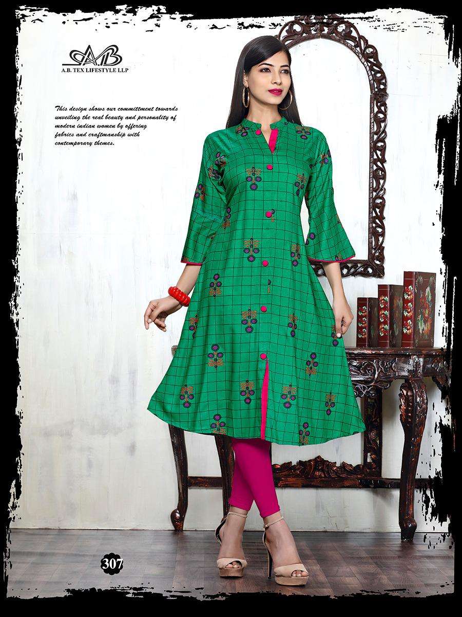 PARTHVI BY A.B FASHION 301 TO 308 SERIES BEAUTIFUL STYLISH COLORFUL FANCY PARTY WEAR & ETHNIC WEAR & READY TO WEAR HEAVY RAYON PRINTED KURTIS AT WHOLESALE PRICE