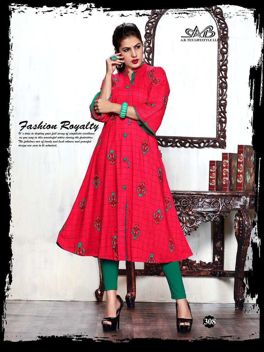 PARTHVI BY A.B FASHION 301 TO 308 SERIES BEAUTIFUL STYLISH COLORFUL FANCY PARTY WEAR & ETHNIC WEAR & READY TO WEAR HEAVY RAYON PRINTED KURTIS AT WHOLESALE PRICE