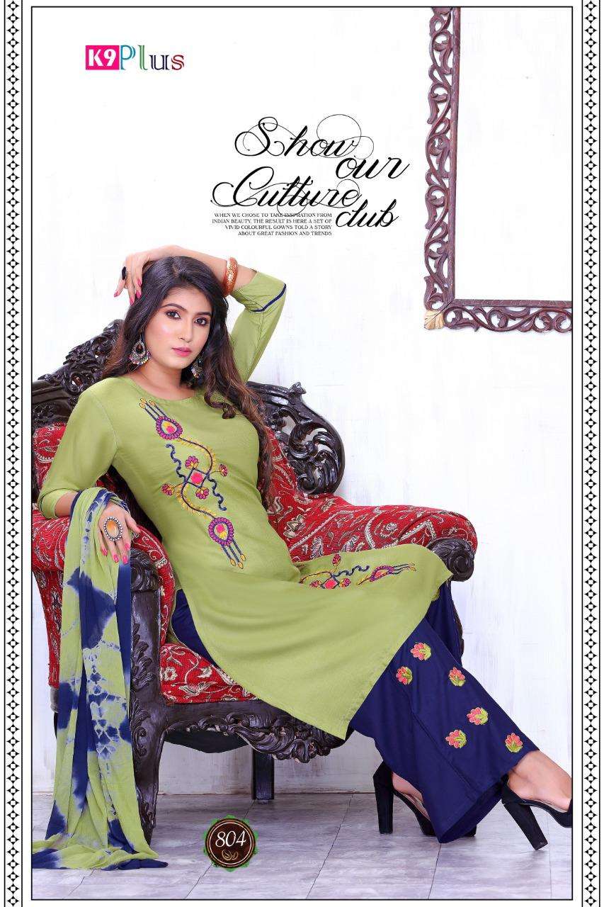 ZAFEENA BY K9 PLUS 801 TO 808 SERIES BEAUTIFUL PATIYALA SUITS STYLISH FANCY COLORFUL PARTY WEAR & OCCASIONAL WEAR RAYON 14 KG PRINTED DRESSES AT WHOLESALE PRICE