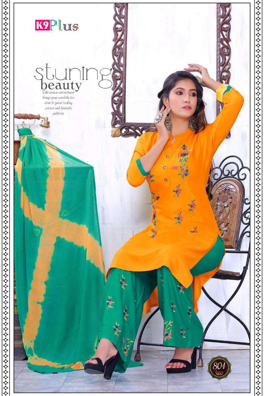 ZAFEENA BY K9 PLUS 801 TO 808 SERIES BEAUTIFUL PATIYALA SUITS STYLISH FANCY COLORFUL PARTY WEAR & OCCASIONAL WEAR RAYON 14 KG PRINTED DRESSES AT WHOLESALE PRICE