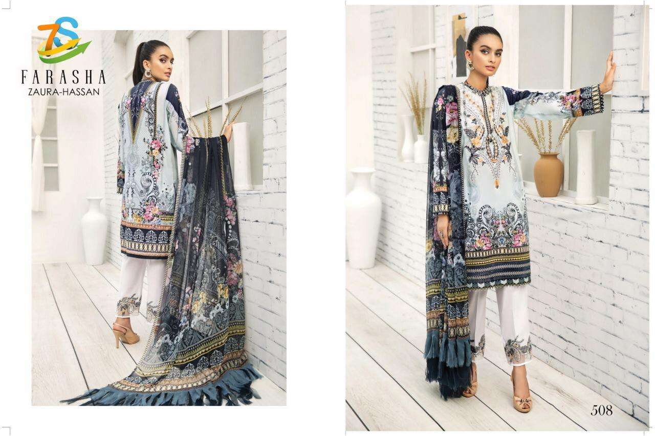 FARASHA BY ZAURA HASSAN 504 TO 509 BEAUTIFUL PAKISTANI SUITS COLORFUL STYLISH FANCY CASUAL WEAR & ETHNIC WEAR PURE JAM COTTON PRINTED WITH EMBROIDER DRESSES AT WHOLESALE PRICE