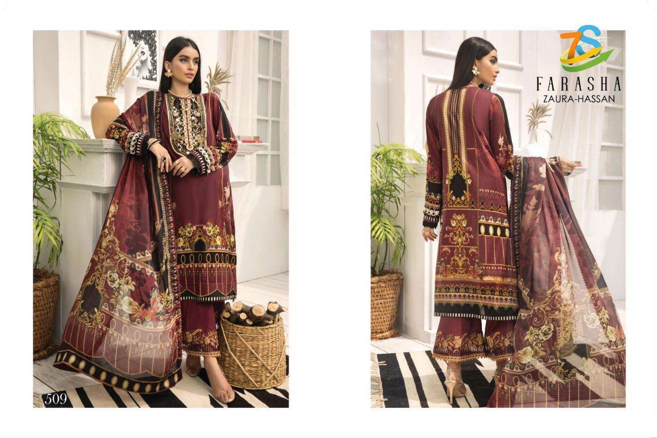 FARASHA BY ZAURA HASSAN 504 TO 509 BEAUTIFUL PAKISTANI SUITS COLORFUL STYLISH FANCY CASUAL WEAR & ETHNIC WEAR PURE JAM COTTON PRINTED WITH EMBROIDER DRESSES AT WHOLESALE PRICE