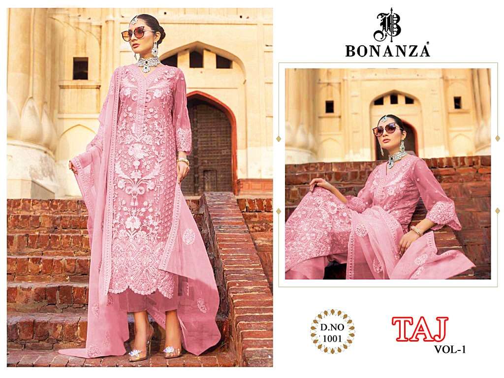 TAJ BY BONANZA 1001 TO 1002 SERIES DESIGNER PAKISTANI SUITS BEAUTIFUL STYLISH FANCY COLORFUL PARTY WEAR & OCCASIONAL WEAR FAUX GEORGETTE WITH EMBROIDERY DRESSES AT WHOLESALE PRICE