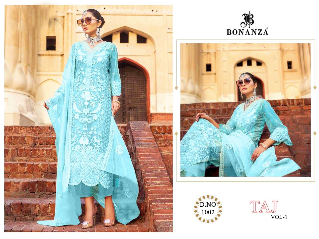 TAJ BY BONANZA 1001 TO 1002 SERIES DESIGNER PAKISTANI SUITS BEAUTIFUL STYLISH FANCY COLORFUL PARTY WEAR & OCCASIONAL WEAR FAUX GEORGETTE WITH EMBROIDERY DRESSES AT WHOLESALE PRICE