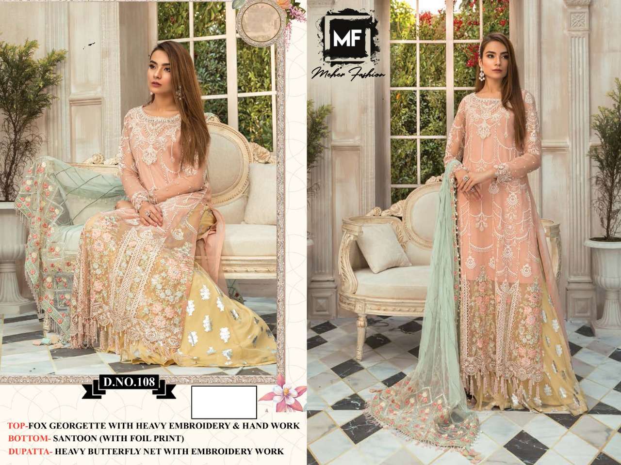MEHER HIT DESIGN 108 BY MEHER FASHION BEAUTIFUL STYLISH PAKISTANI SUITS FANCY COLORFUL CASUAL WEAR & ETHNIC WEAR & READY TO WEAR HEAVY FAUX GEORGETTE WITH EMBROIDERY DRESSES AT WHOLESALE PRICE