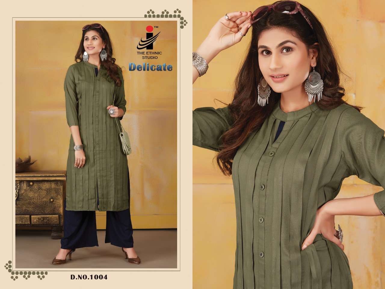 DELICATE BY THE ETHNIC STUDIO 1001 TO 1008 SERIES BEAUTIFUL STYLISH FANCY COLORFUL CASUAL WEAR & ETHNIC WEAR & READY TO WEAR RAYON KURTIS WITH BOTTOM AT WHOLESALE PRICE