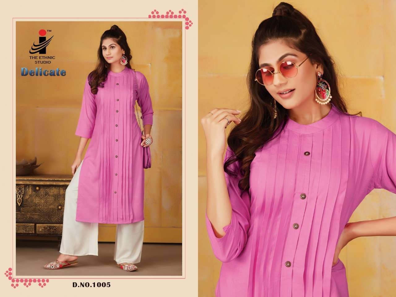 DELICATE BY THE ETHNIC STUDIO 1001 TO 1008 SERIES BEAUTIFUL STYLISH FANCY COLORFUL CASUAL WEAR & ETHNIC WEAR & READY TO WEAR RAYON KURTIS WITH BOTTOM AT WHOLESALE PRICE