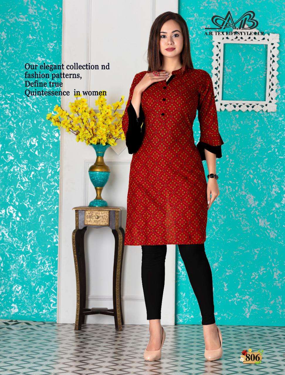 SARIKA BY A.B FASHION 801 TO 808 SERIES BEAUTIFUL STYLISH FANCY COLORFUL CASUAL WEAR & ETHNIC WEAR RAYON PRINTED KURTIS AT WHOLESALE PRICE