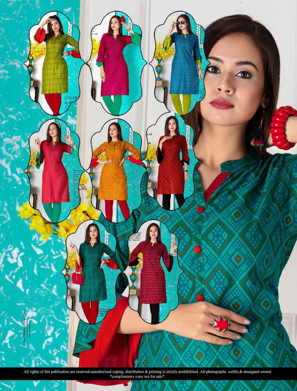 SARIKA BY A.B FASHION 801 TO 808 SERIES BEAUTIFUL STYLISH FANCY COLORFUL CASUAL WEAR & ETHNIC WEAR RAYON PRINTED KURTIS AT WHOLESALE PRICE